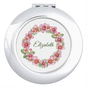 Pink and Green Floral Wreath Personalized Compact  Mirror
