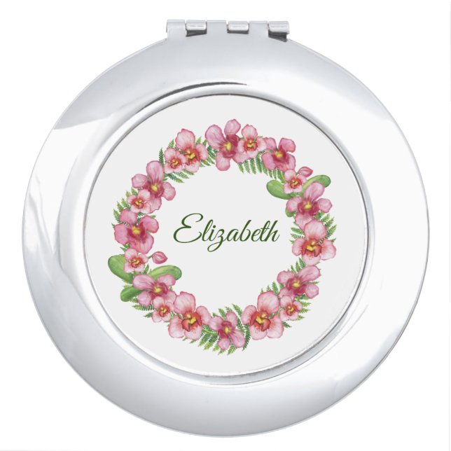 Pink and Green Floral Wreath Personalized Compact  Mirror (Front)