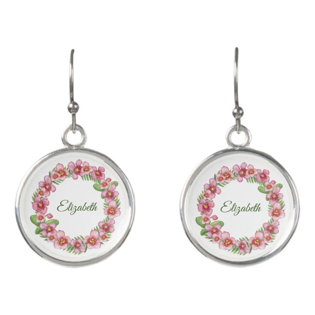 Pink and Green Floral Wreath Personalized Earrings (Front)