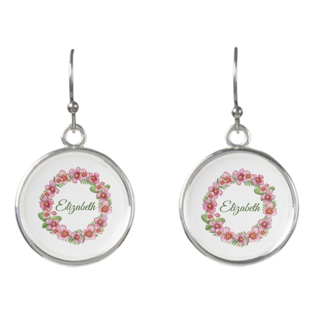 Pink and Green Floral Wreath Personalized Earrings (Front)