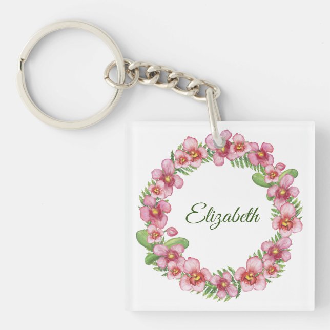 Pink and Green Floral Wreath Personalized Keychain (Front)