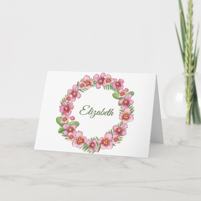 Pink and Green Floral Wreath Personalized Note Card (Front)