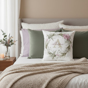 Pink and green floral wreath personalized throw pillow