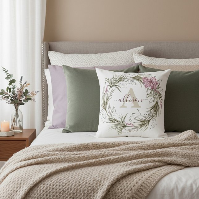 Pink and green floral wreath personalized throw pillow (Creator Uploaded)