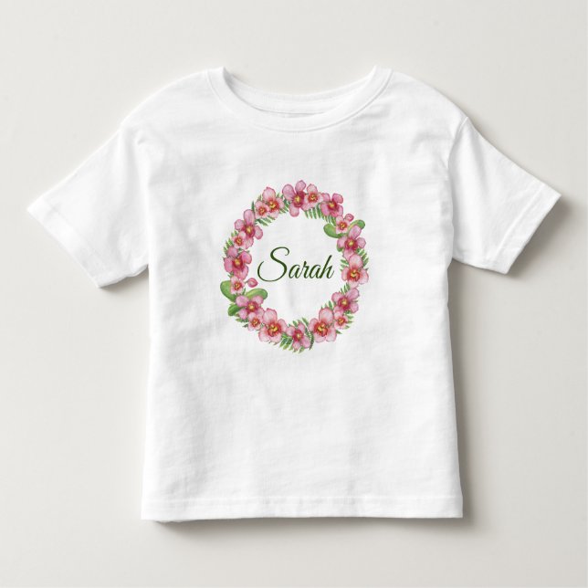 Pink and Green Floral Wreath personalized Toddler T-shirt (Front)
