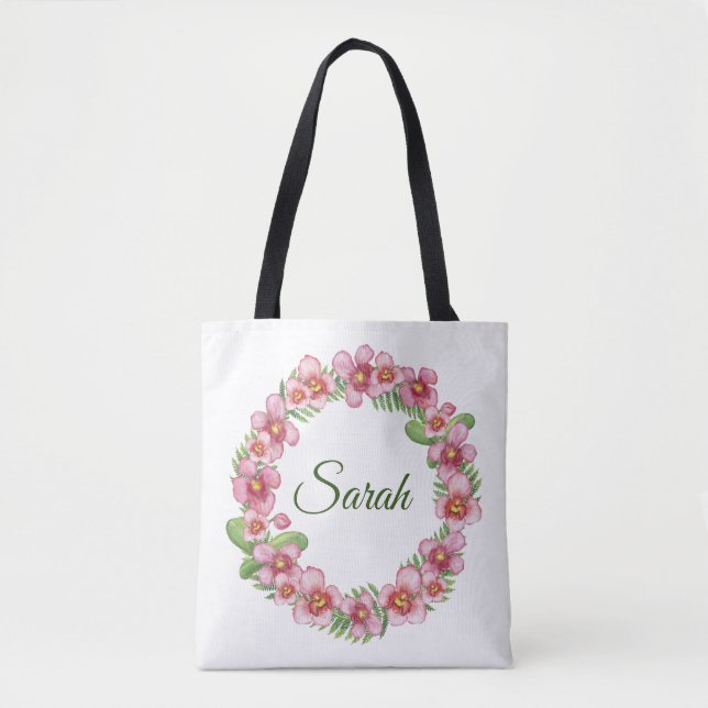Pink and Green Floral Wreath personalized Tote Bag (Front)