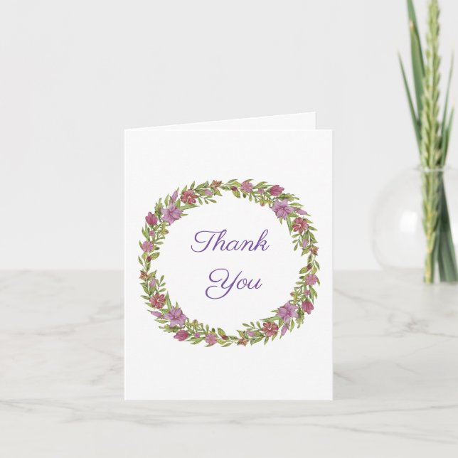 Pink and Green Floral Wreath Thank You Card (Front)