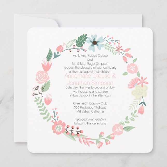 Pink And Green Floral Wreath Wedding Invitation (Front)