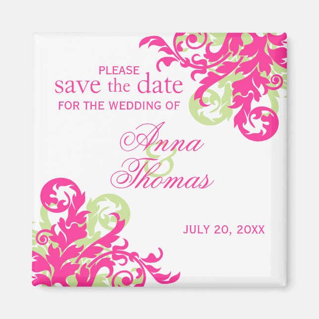 Pink and Green Flourish Save The Date Magnet (Front)