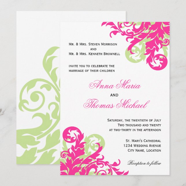 Pink and Green Flourish Wedding Invitation (Front/Back)