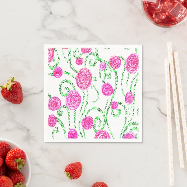 Pink and Green Flower Vines Napkins (Insitu)