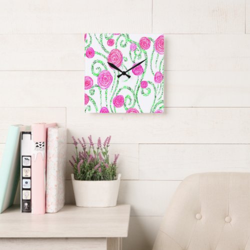 Pink and Green Flower Vines Square Wall Clock
