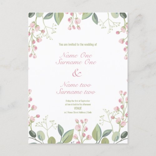 Pink and green flowers invitation postcard