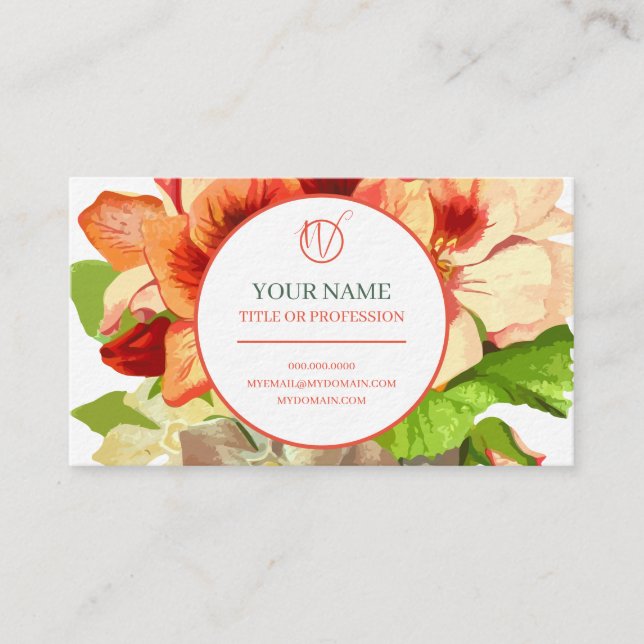 Pink and Green Flowers Monogram Business Card (Front)