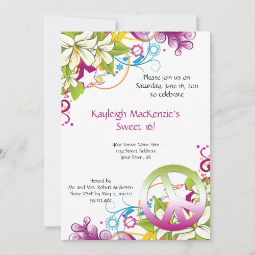 Pink and Green Flowers Peace Sign Sweet 16 Invite