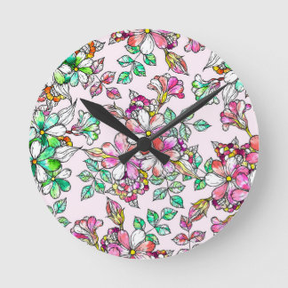 Pink and green flowers round clock