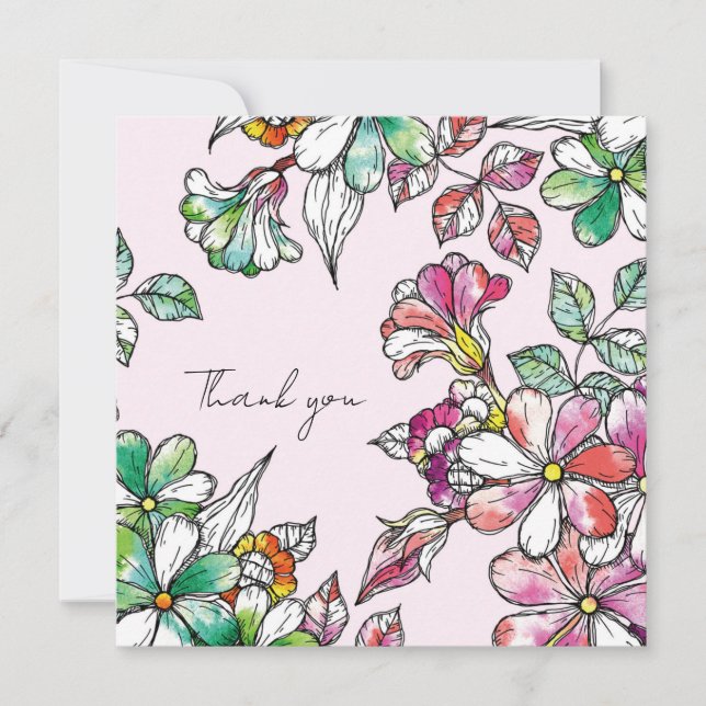 Pink and green flowers thank you card (Front)