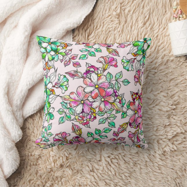 Pink and green flowers throw pillow (Blanket)