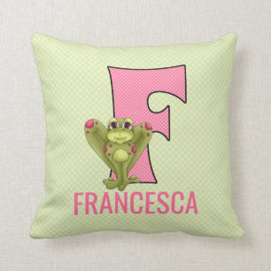 Pink and Green Frog and Polka Dots Letter F Throw Pillow