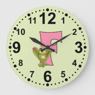 Pink and Green Frog with Polka Dots and Letter F L Large Clock