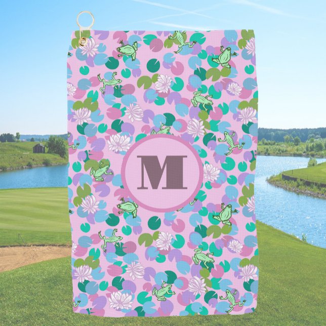 Pink and green frogs custom monogram ladies golf towel (Creator Uploaded)