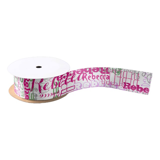 Pink and Green Fun Name Collage Allover Pattern Satin Ribbon (Spool)