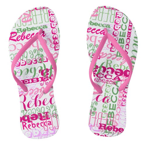 Pink and Green Fun Name Collage Allover Print Flip Flops