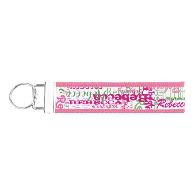 Pink and Green Fun Name Collage Allover Print Wrist Keychain (Keys on Left)