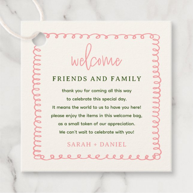 Pink and Green Fun Wedding Welcome Gift Bag Basket Favor Tags (Front)