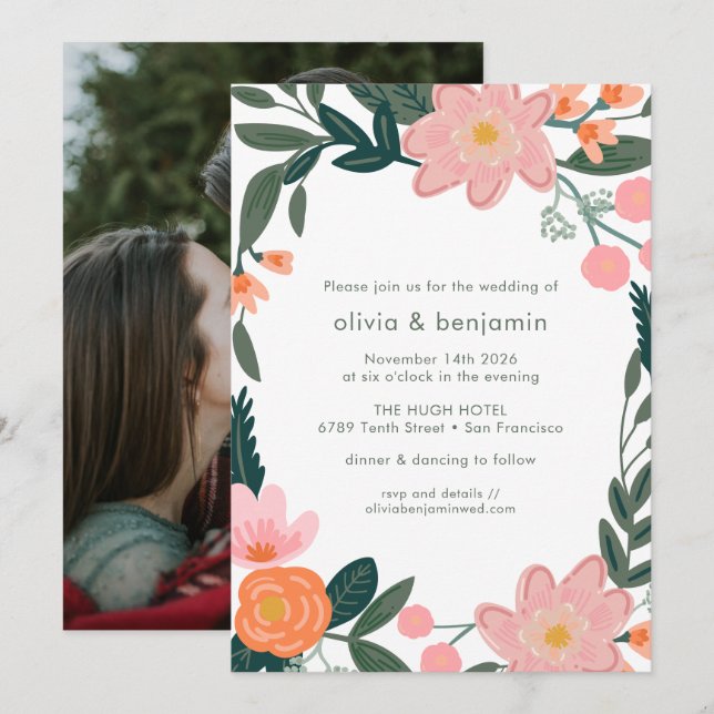Pink and Green Garden Flower Border Wedding Summer Invitation (Front/Back)