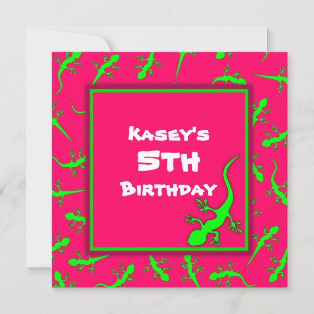 Pink and Green Gecko Lizards Theme Birthday Party Invitation (Front)