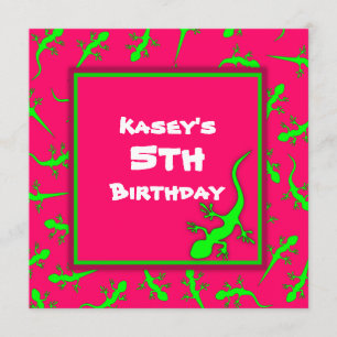 Pink and Green Gecko Lizards Theme Birthday Party Invitation