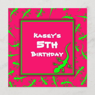 Pink and Green Gecko Lizards Theme Birthday Party Invitation