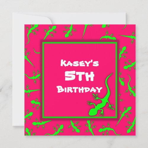 Pink and Green Gecko Lizards Theme Birthday Party Invitation