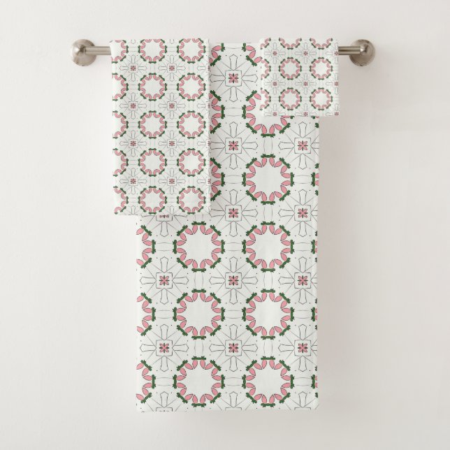 Pink and green geometric patterned  bath towel set (Insitu)