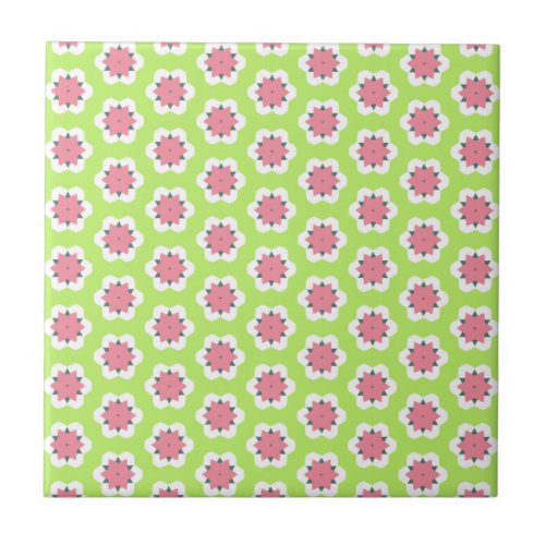 Pink and Green Geometrical Flowers Pattern Ceramic Tile