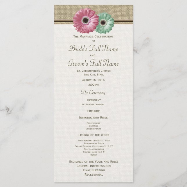 Pink and Green Gerbera Daisy Wedding Program (Front)