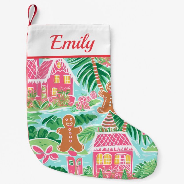 Pink and Green Gingerbread Men Small Christmas Stocking (Front)