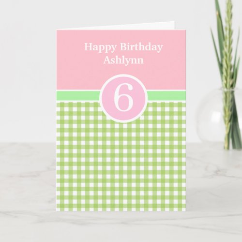 Pink and Green Gingham 6th Birthday Card