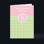 Pink and Green Gingham 8th Birthday Card<br><div class="desc">A pink and green personalized 8th birthday card for girls. This sweet pink and green gingham 8th birthday card can be personalized with her name on the front of the greeting card. The inside card message can be personalized as well if wanted. The back has a pink and green gingham...</div>