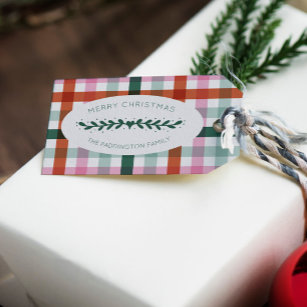 Pink and Green Gingham Christmas Pattern Gift Tag