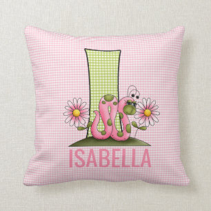 Pink and Green Gingham Letter I Inchworm Throw Pillow
