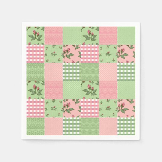 Pink and Green Gingham Patchwork Paper Napkins