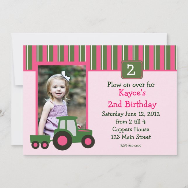 Pink and Green Girl Tractor Birthday Invite (Front)