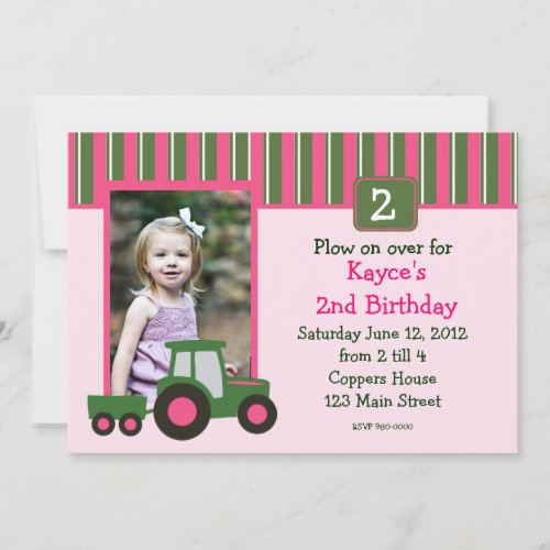 Pink and Green Girl Tractor Birthday Invite