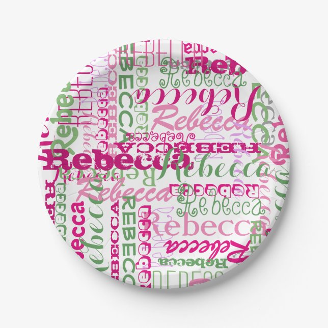 Pink and Green Girl's Name Collage Allover Print Paper Plates (Front)