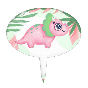 Pink and Green Girly Dinosaur Baby Shower Cake Topper