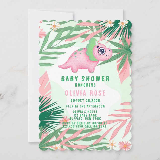 Pink and Green Girly Dinosaur Baby Shower Invitation (Front)