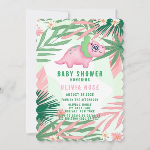 Pink and Green Girly Dinosaur Baby Shower Invitation