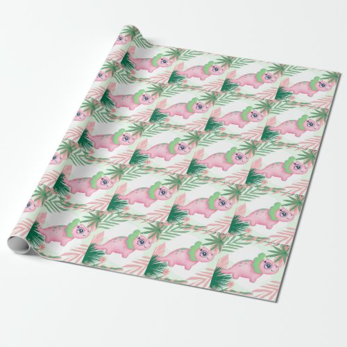 Pink and Green Girly Dinosaur Baby Shower Wrapping Paper